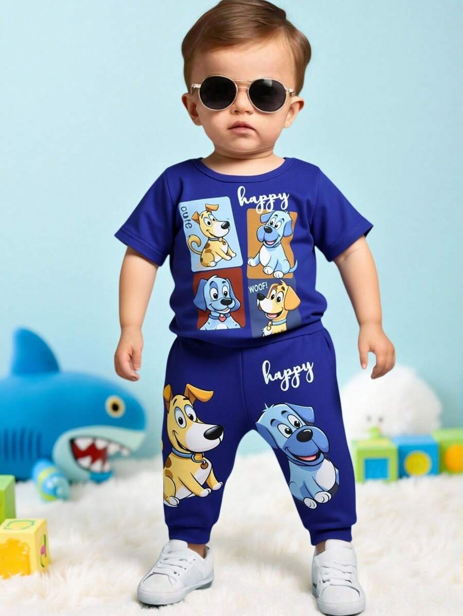 تي شيرت بطبعة كلب لطيف كاجوال من SHEIN Playful Pals مكونة من قطعتين للأطفال/الرضع