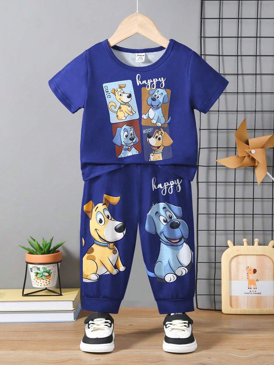 تي شيرت بطبعة كلب لطيف كاجوال من SHEIN Playful Pals مكونة من قطعتين للأطفال/الرضع