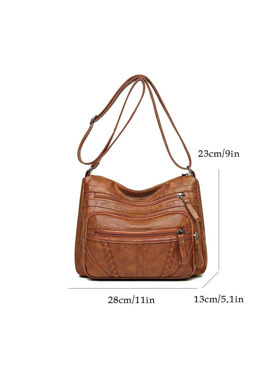 حقيبة تسوق نسائية كبيرة الحجم بلون سادة، جيوب متعددة الطبقات بسحاب