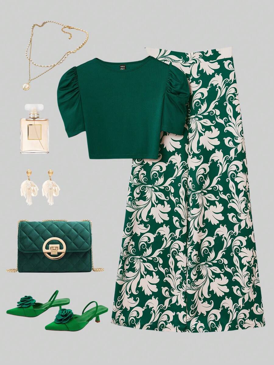 طقم أنثوي أنيق مكون من بلوزة قصيرة باللون الأخضر الغامق وبنطلون واسع بنقشة فخمة