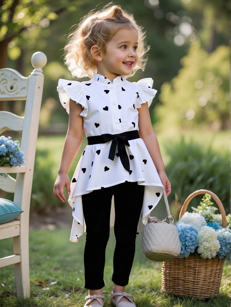طقم قميص قصير مطبوع عليه قلب للفتيات الصغيرات من SHEIN مع بنطال ضيق