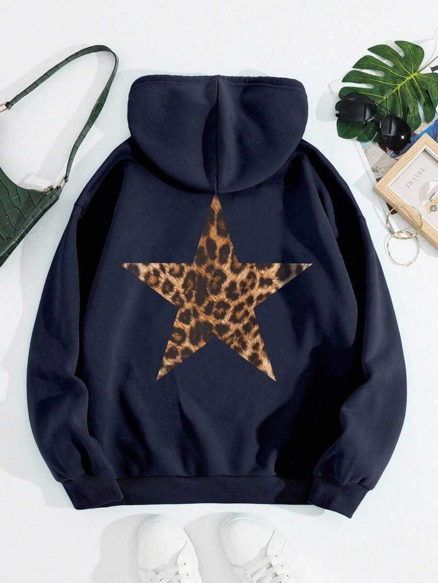سويت شيرت نسائي كبير الحجم بغطاء للرأس من INAWLY بطبعة نجمة خماسية ونقشة جلد الفهد،