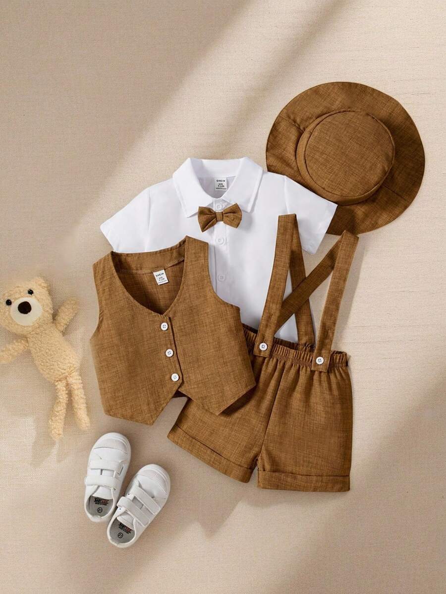 طقم أولادي أنيق من Shein مكوَّن من قميص كم قصير وربطة عنق مع فيست وشورت جاكار