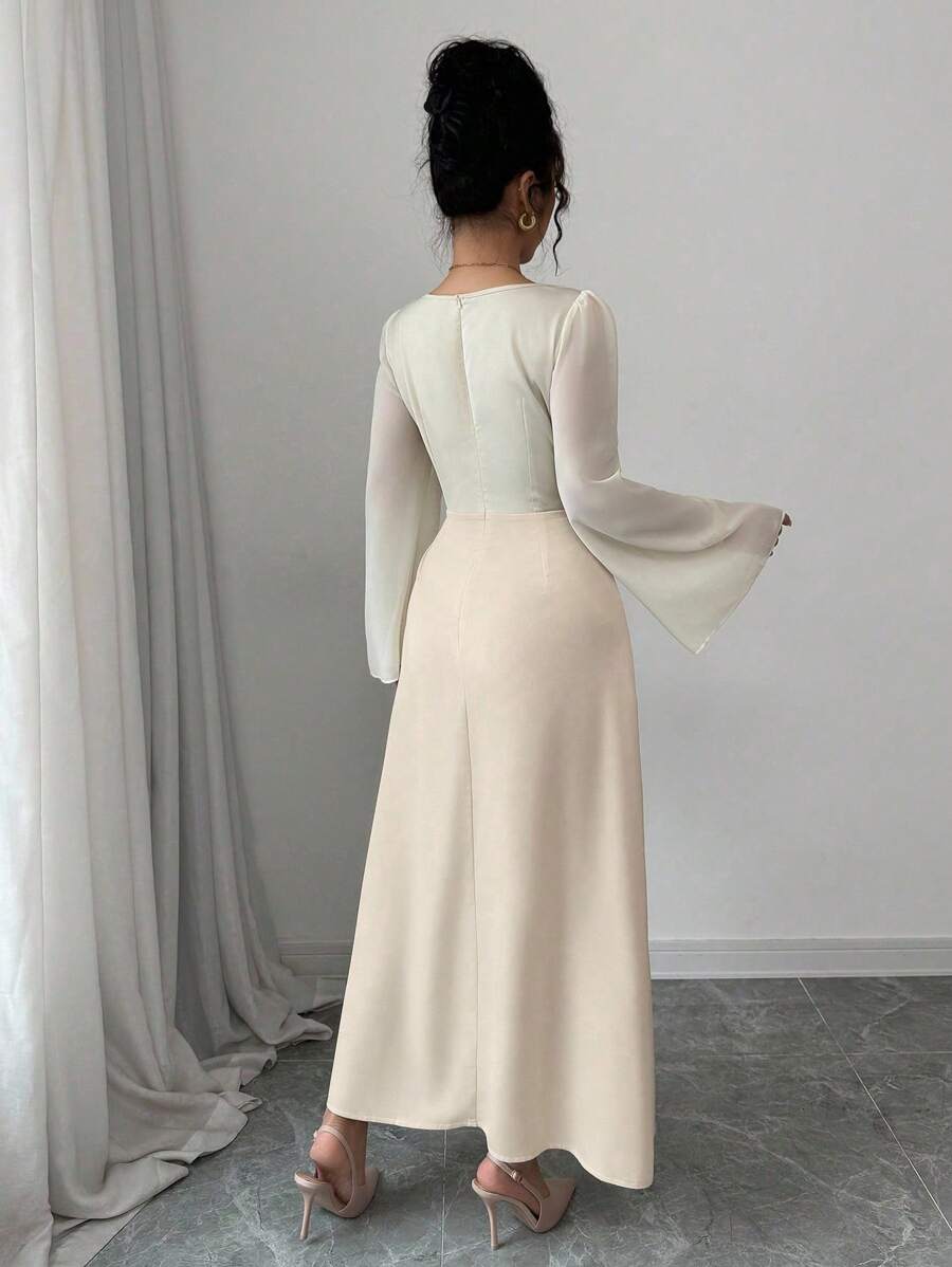 فستان نسائي من Modelyn بقماش منسوج وتصميم A-Line مع خصر مشدود وفتحة رقبة دائرية