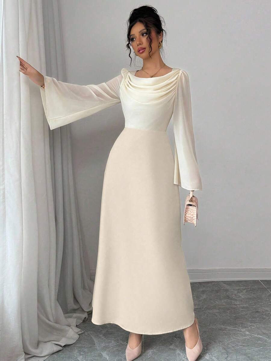 فستان نسائي من Modelyn بقماش منسوج وتصميم A-Line مع خصر مشدود وفتحة رقبة دائرية