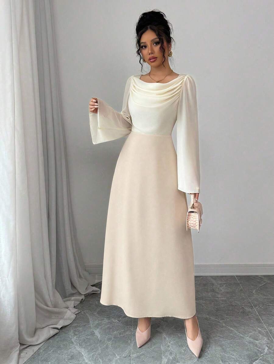 فستان نسائي من Modelyn بقماش منسوج وتصميم A-Line مع خصر مشدود وفتحة رقبة دائرية