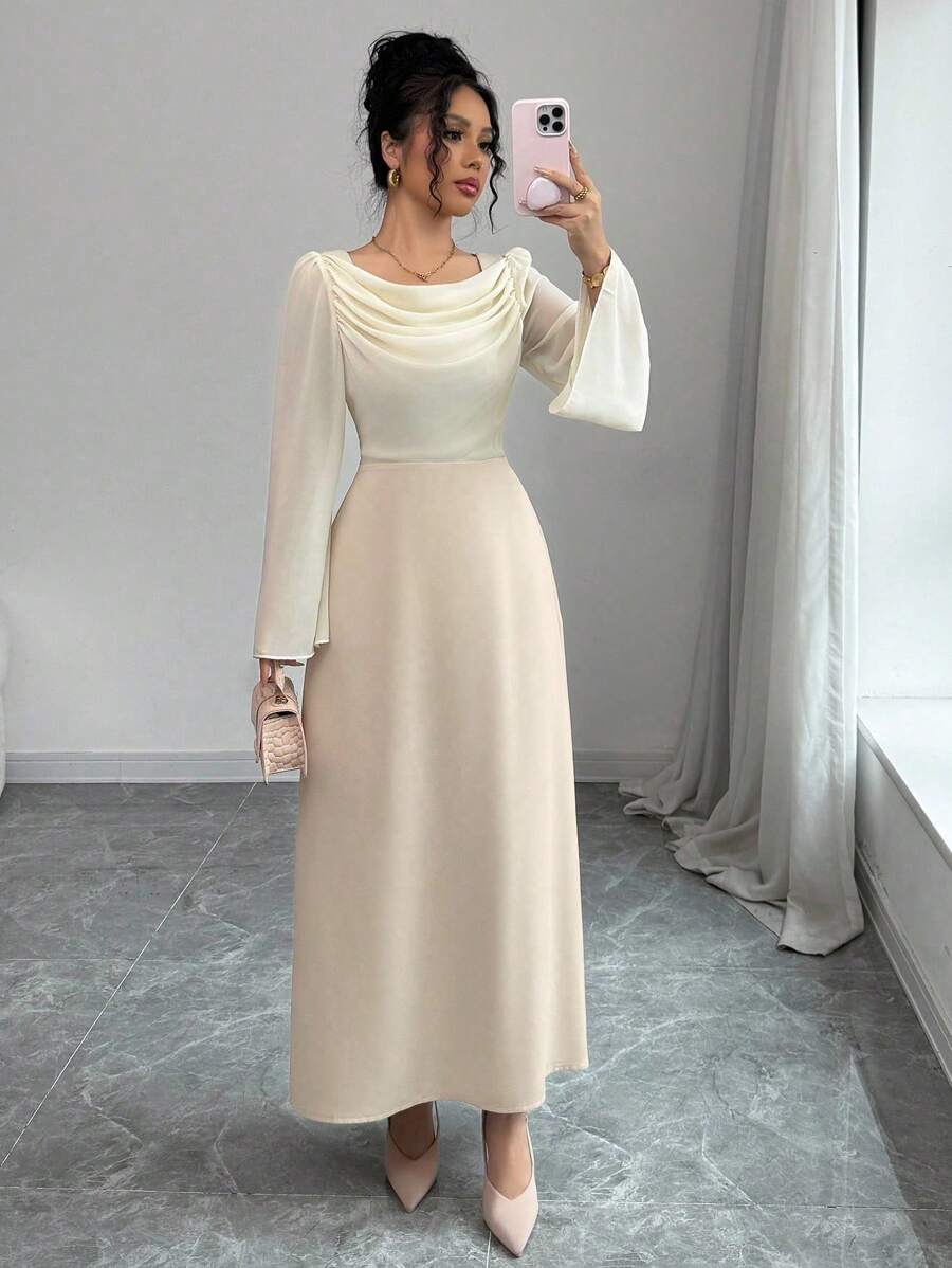 فستان نسائي من Modelyn بقماش منسوج وتصميم A-Line مع خصر مشدود وفتحة رقبة دائرية