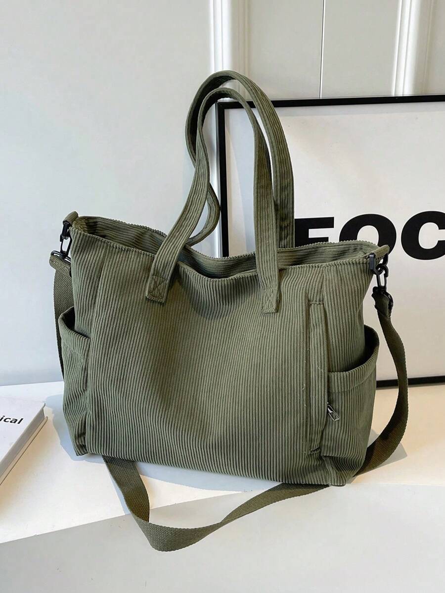 حقيبة يد أنيقة قابلة للحمل بسحاب إغلاق من قماش الدنيم بلون واحد Shein