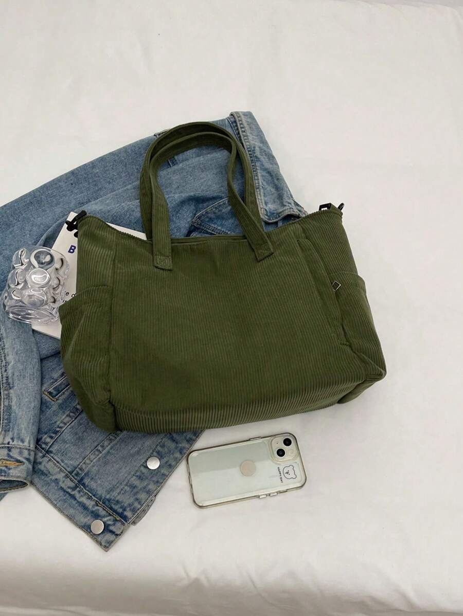 حقيبة يد أنيقة قابلة للحمل بسحاب إغلاق من قماش الدنيم بلون واحد Shein