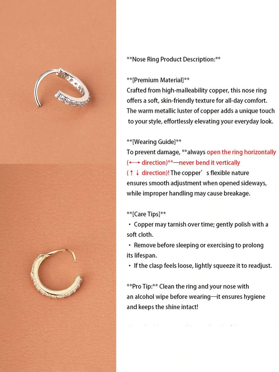 خاتم أنف صغير مرصّع زركون براقة (Micro‑Inlaid) للنساء