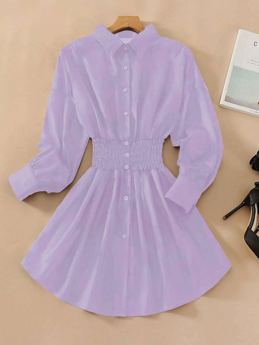 فستان قميص نسائي أنيق بلون سادة مع خصر مشدود وأكمام طويلة Shein