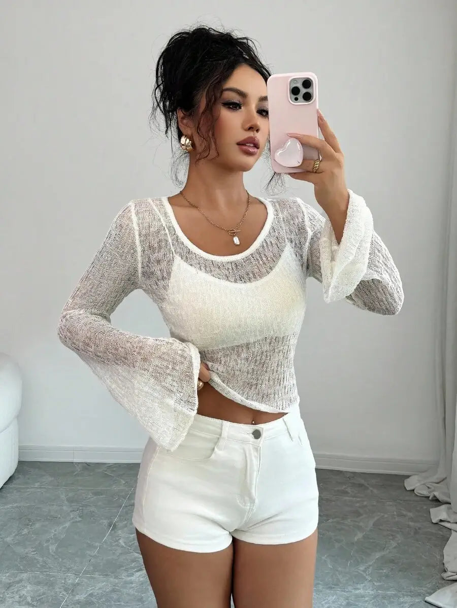 سترة محبوكة ضيقة بلون واحد كاجوال للسيدات من INAWLY، بأكمام طويلة