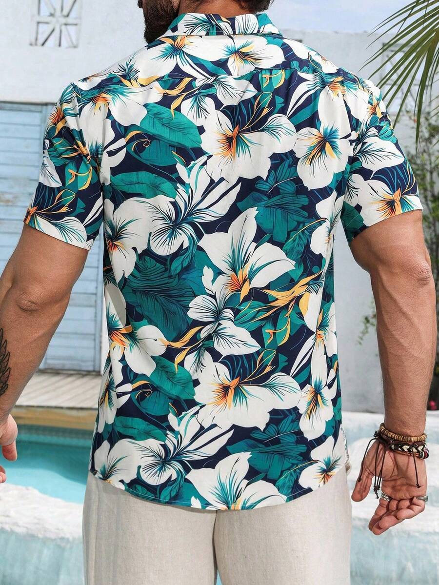 قميص مانفينيتي RSRT رجالي بأكمام قصيرة وأزرار مطبوعة بالورود مناسب للصيف والعطلات