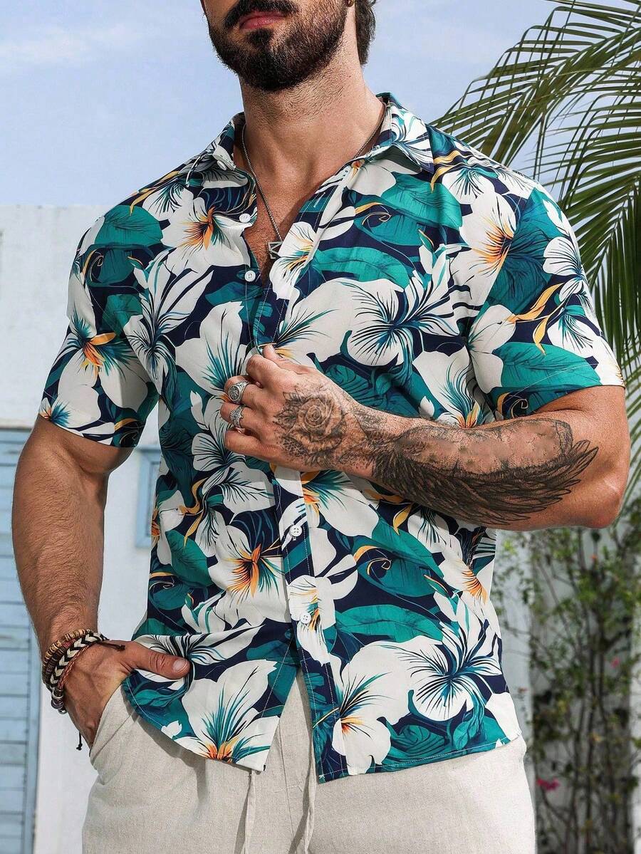 قميص مانفينيتي RSRT رجالي بأكمام قصيرة وأزرار مطبوعة بالورود مناسب للصيف والعطلات