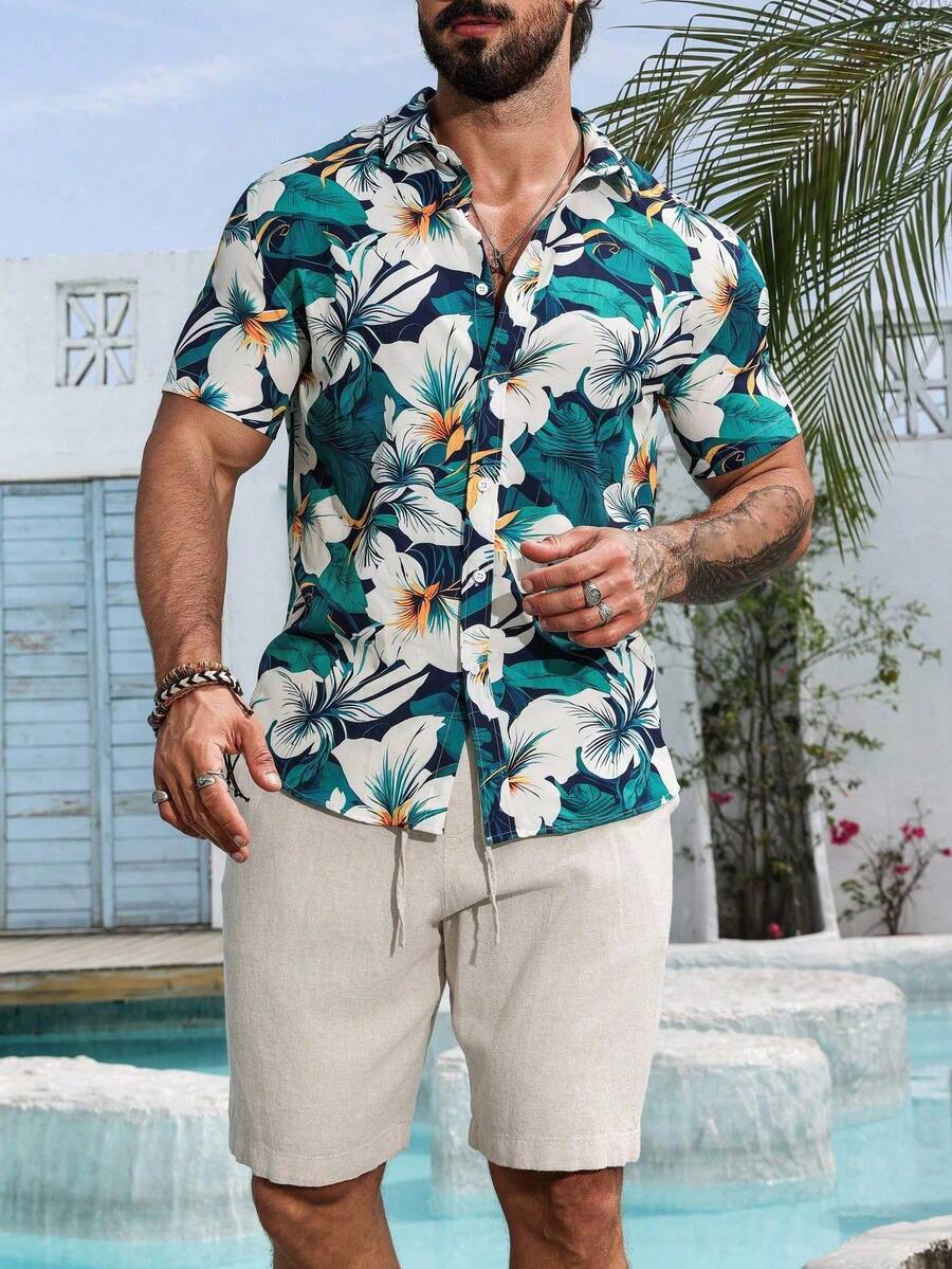 قميص مانفينيتي RSRT رجالي بأكمام قصيرة وأزرار مطبوعة بالورود مناسب للصيف والعطلات