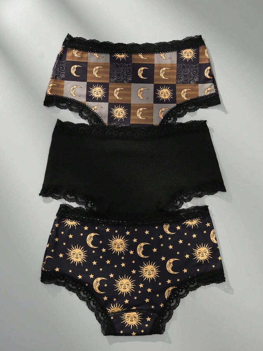 عبوة 3 قطع من لانجري نسائي  – بطبعات الشمس والقمر والنجوم، دانتيل أنيق ولمسة حريرية مريحة
