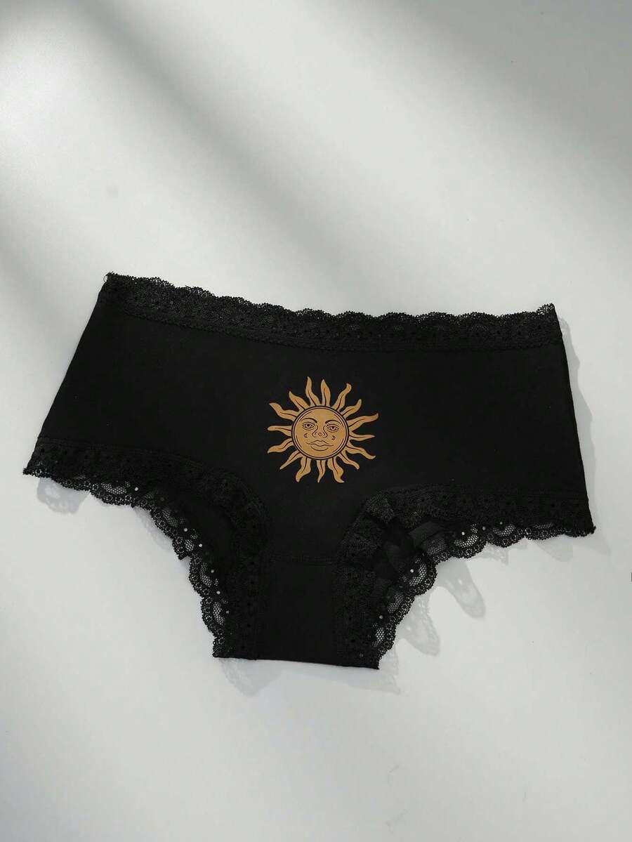 عبوة 3 قطع من لانجري نسائي  – بطبعات الشمس والقمر والنجوم، دانتيل أنيق ولمسة حريرية مريحة