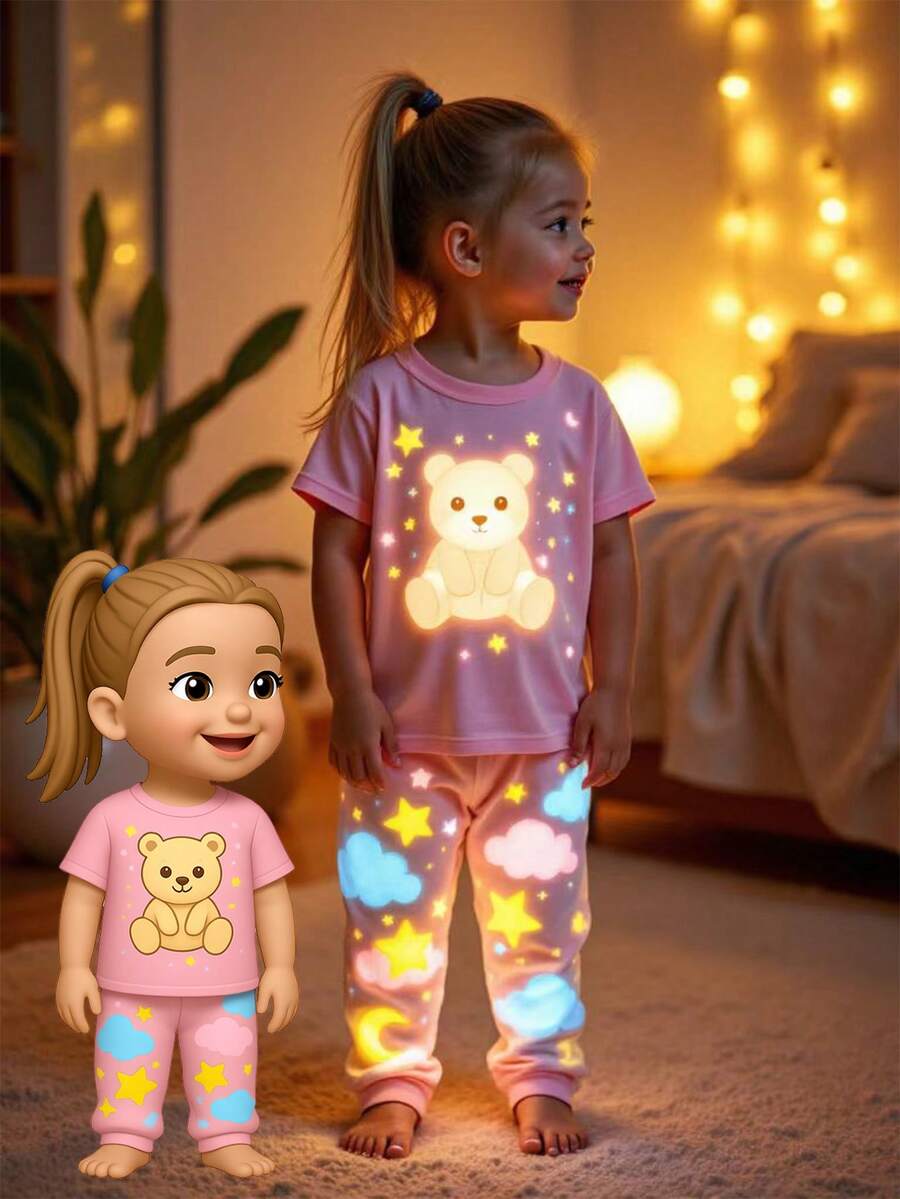 طقم بيجامة مكون من قطعتين، رومبر بأكمام قصيرة وبنطلون، مطبوع عليه حيوان لطيف للأطفال/البنات