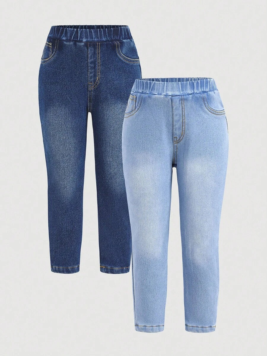 طقم بنطلون  للبنات الصغيرات بتأثير الجينز وخصر مطاطي – Cozy Pixies