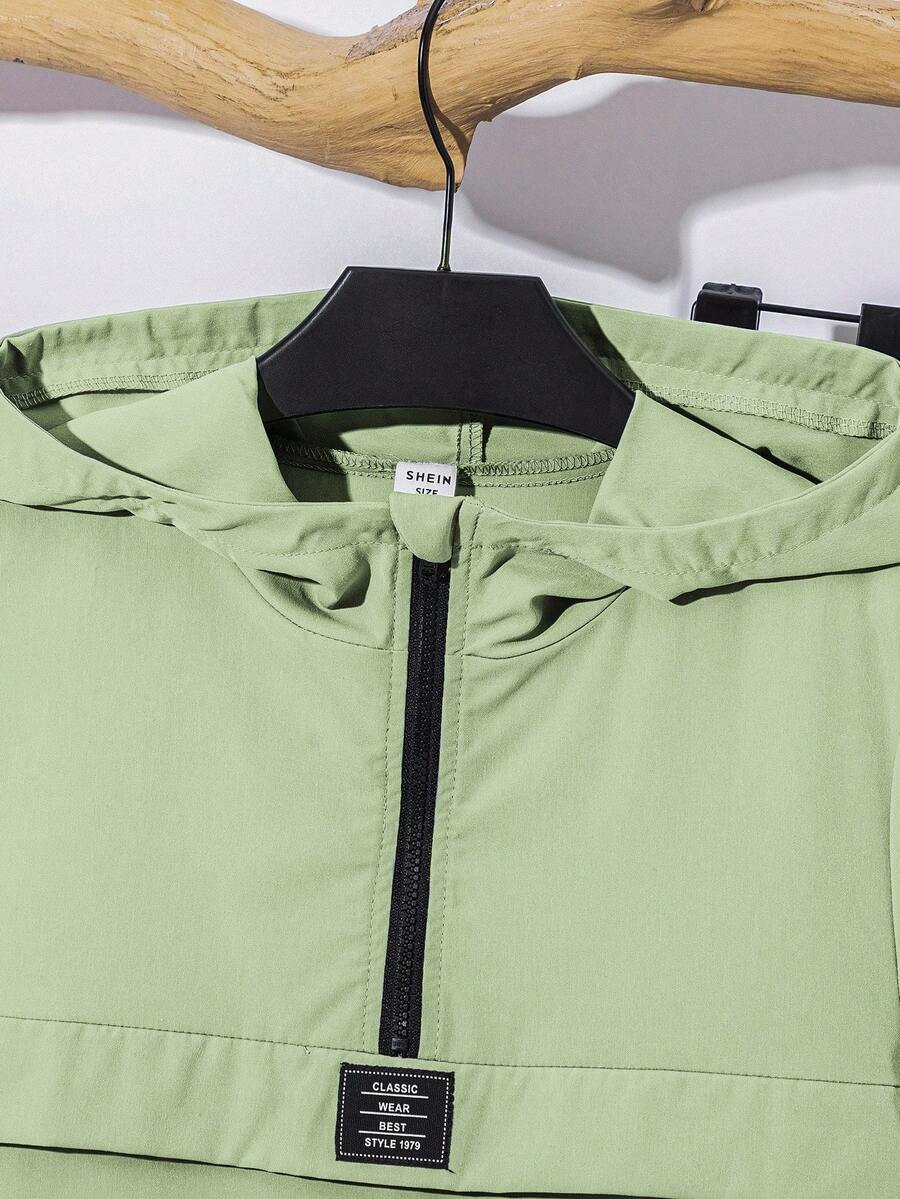 طقم شي ان للأولاد من قطعتين - جاكيت بغطاء رأس وسحاب وبنطال برباط، بتصميم رياضي كاجوال مناسب للخريف/الشتاء