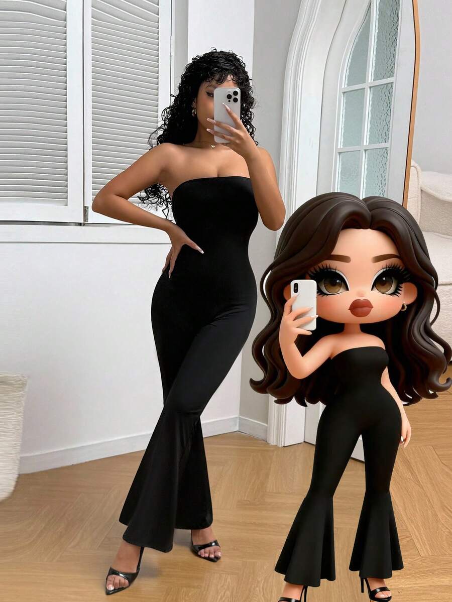 جمبسوت نسائي صيفي واسع الساق بدون أكتاف بلون سادة من INAWLY