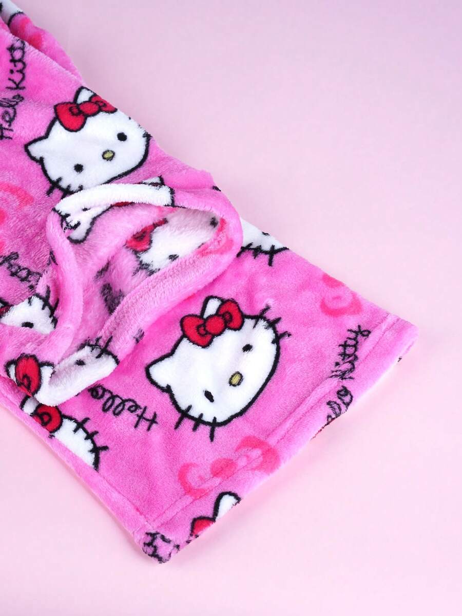 بنطلون بيجاما فلانيل وردي “Hello Kitty” – للنوم والراحة المنزلية لفصل الخريف/الشتاء