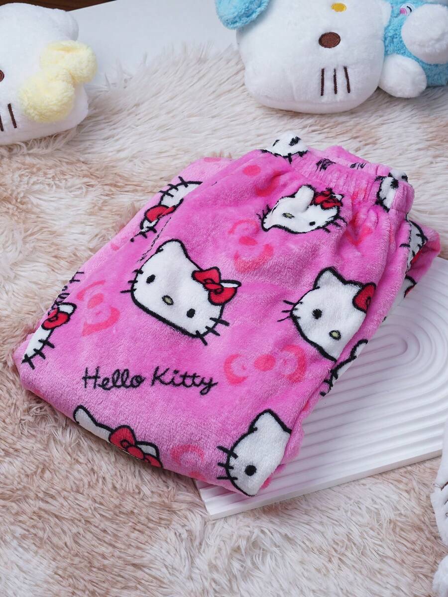 بنطلون بيجاما فلانيل وردي “Hello Kitty” – للنوم والراحة المنزلية لفصل الخريف/الشتاء