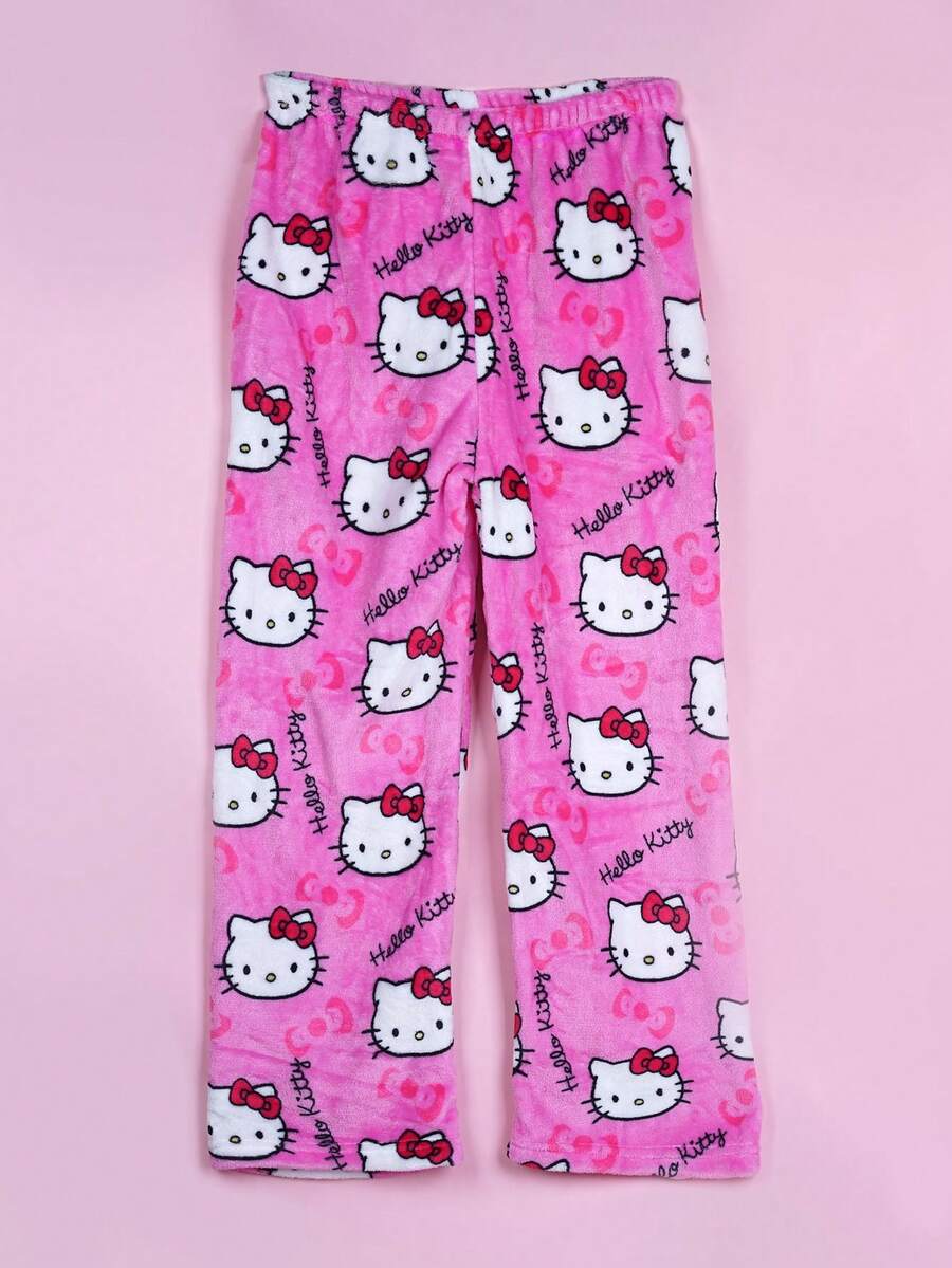 بنطلون بيجاما فلانيل وردي “Hello Kitty” – للنوم والراحة المنزلية لفصل الخريف/الشتاء