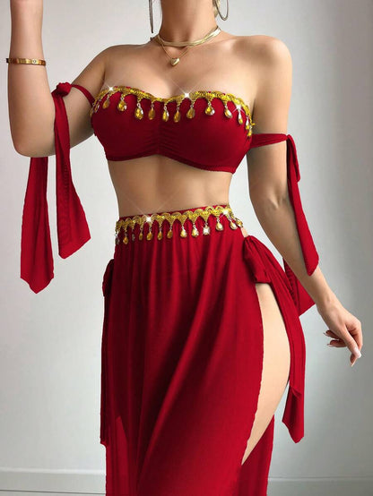 طقم SHEIN 3 قطع: فستان ماكسي شفاف بشراشيب ربطة فيونكة – إطلالة مثيرة أنثوية