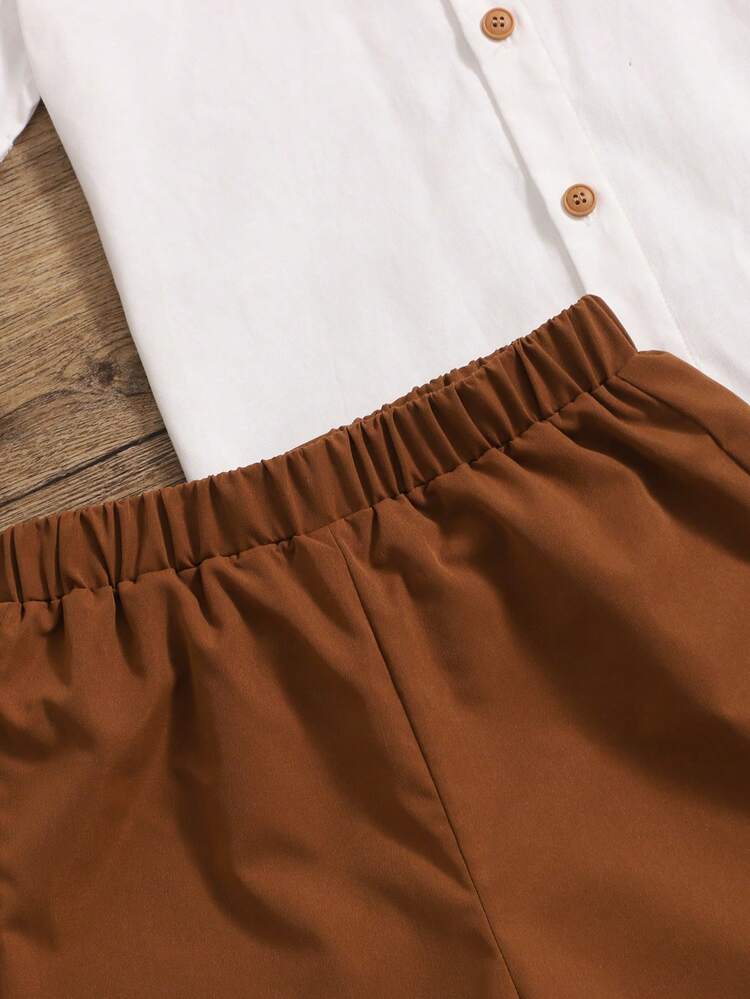 طقم قميص وشورت صيفي كاجوال بياقة واقفة وأزرار ملونة للأولاد من SHEIN