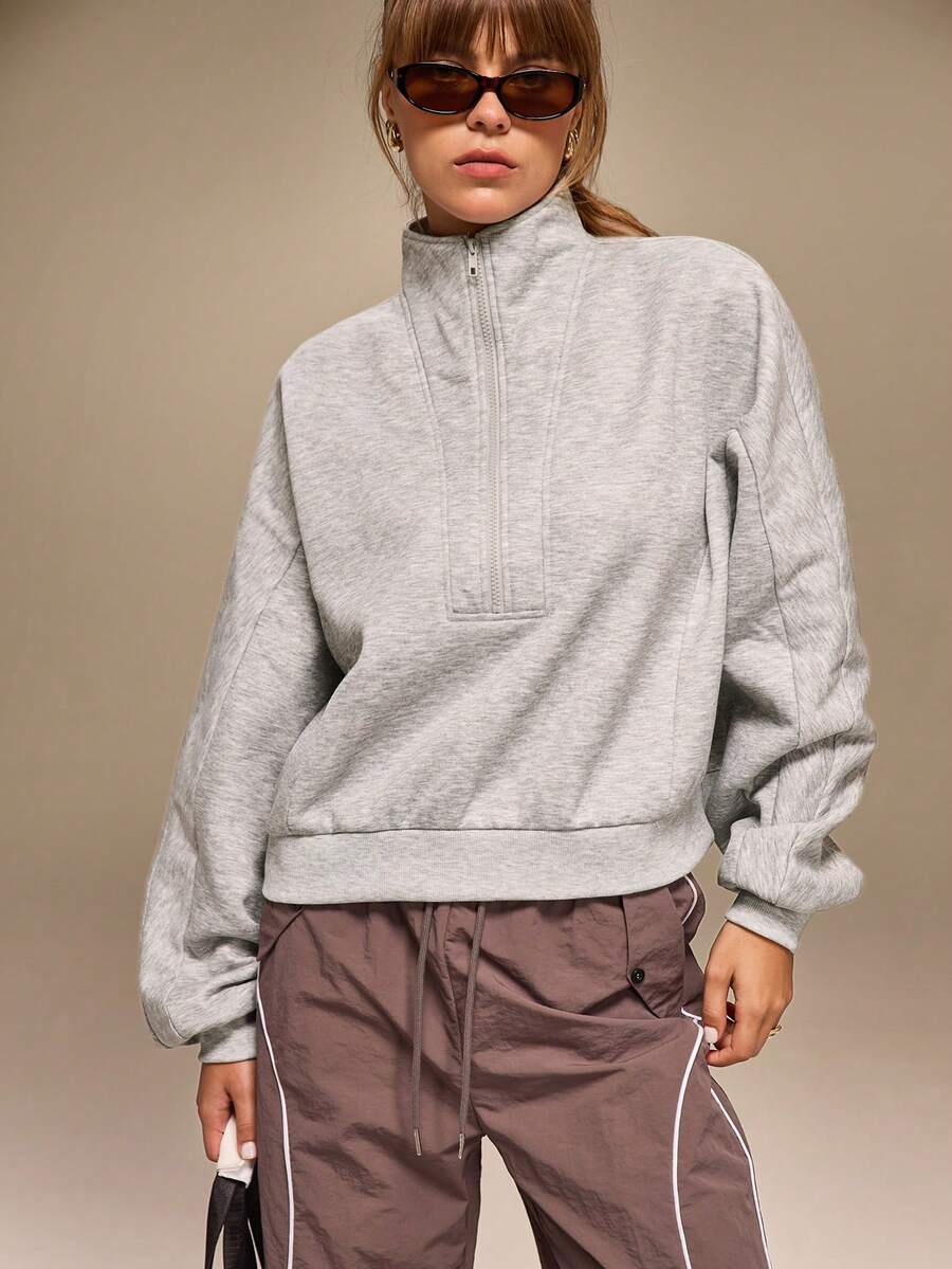 سويت شيرت فضفاض بأكمام طويلة وياقة واقفة وسحاب نصفي من Hanevo للنساء بتصميم أمريكي كاجوال