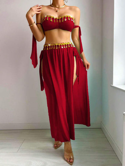 طقم SHEIN 3 قطع: فستان ماكسي شفاف بشراشيب ربطة فيونكة – إطلالة مثيرة أنثوية