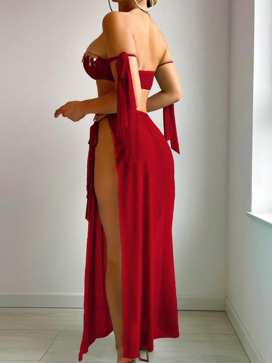 طقم SHEIN 3 قطع: فستان ماكسي شفاف بشراشيب ربطة فيونكة – إطلالة مثيرة أنثوية