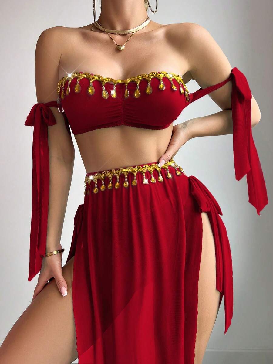 طقم SHEIN 3 قطع: فستان ماكسي شفاف بشراشيب ربطة فيونكة – إطلالة مثيرة أنثوية