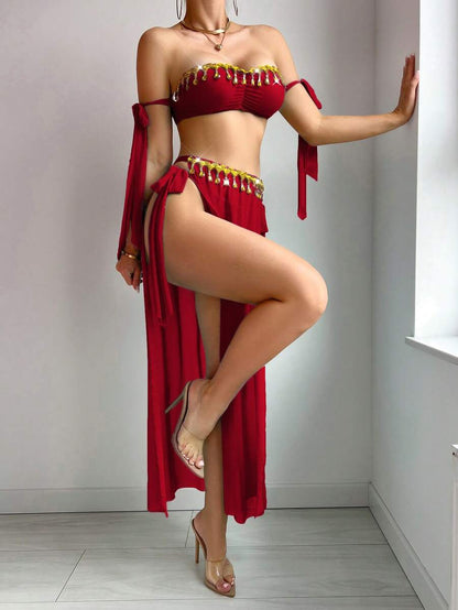 طقم SHEIN 3 قطع: فستان ماكسي شفاف بشراشيب ربطة فيونكة – إطلالة مثيرة أنثوية