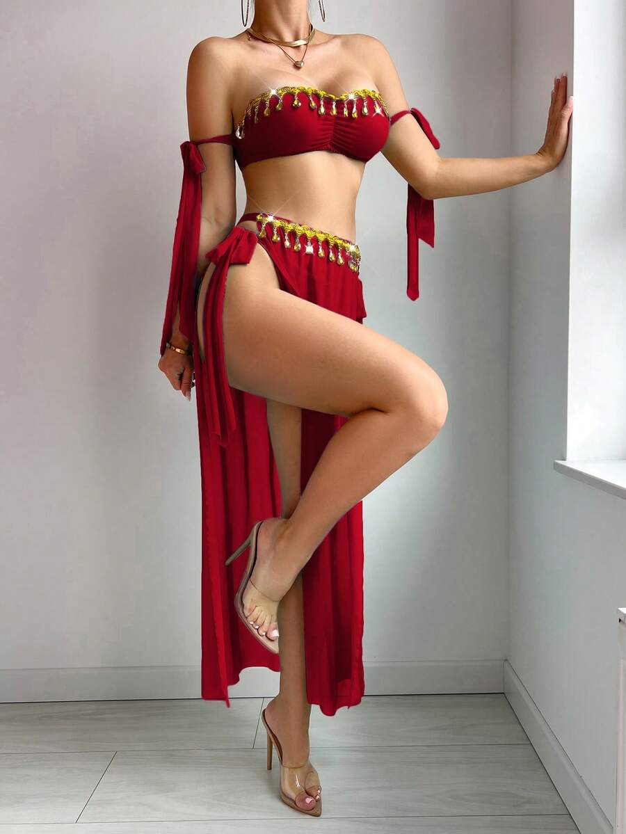 طقم SHEIN 3 قطع: فستان ماكسي شفاف بشراشيب ربطة فيونكة – إطلالة مثيرة أنثوية