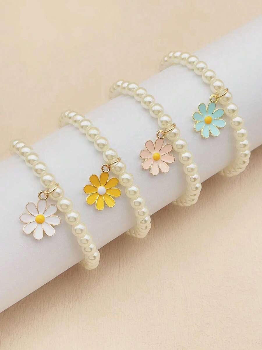 طقم إكسسوارات بنات لطيف – 4 قطع لؤلؤ وفراشة وديزي ودوار الشمس