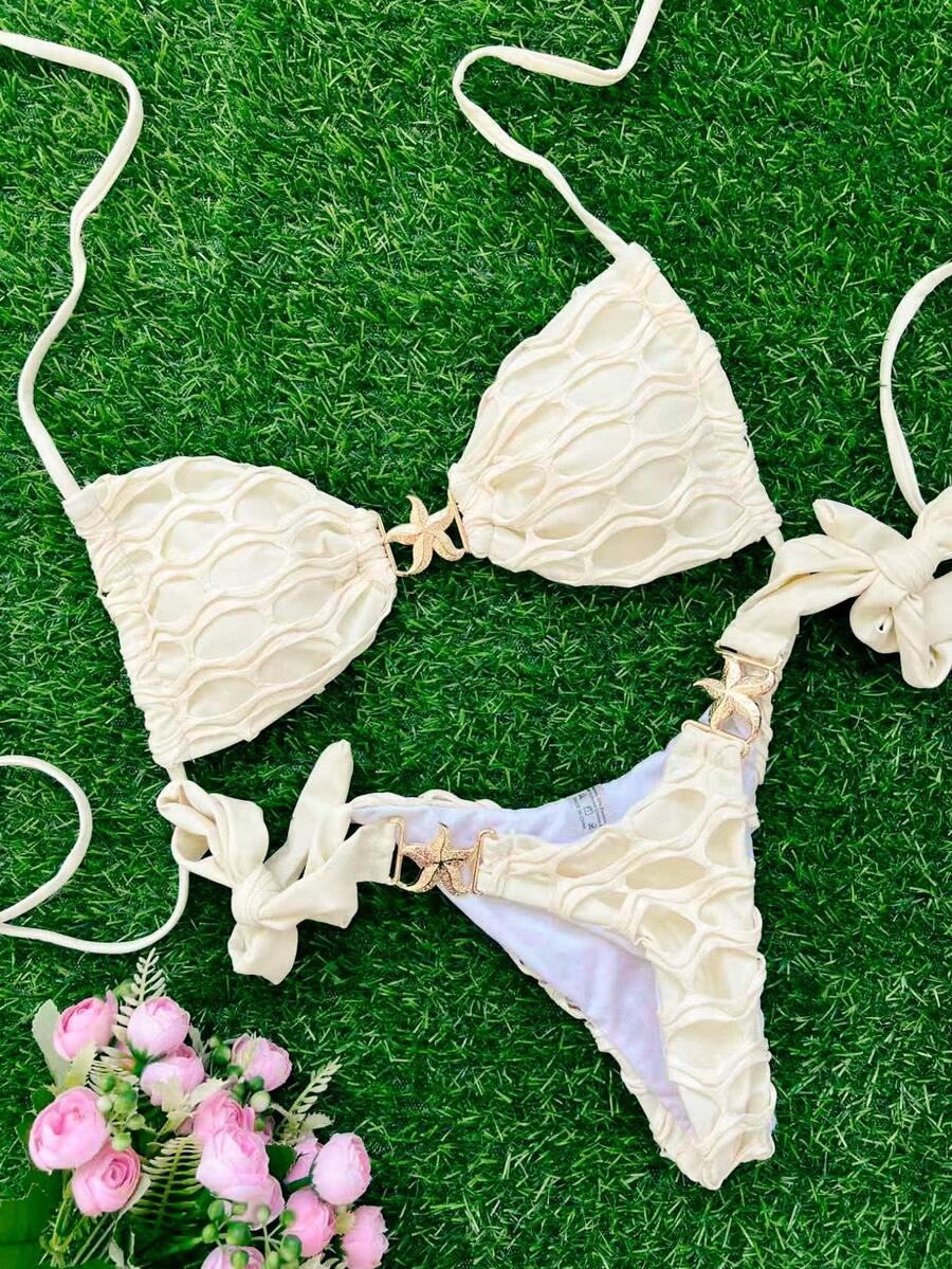 طقم نسائي صيفي 2 قطعة من Elenzga – توب هالتر بدون ظهر وبكيني جانبي مزين