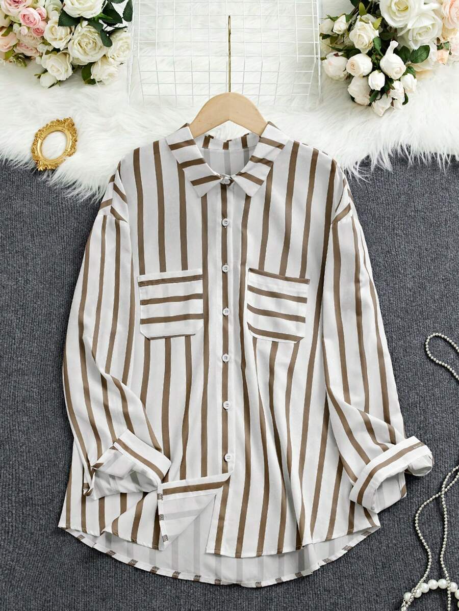 بلوزة وقميص كاجوال بأكمام طويلة ومخططة فضفاضة من INAWLY للنساء للربيع والخريف