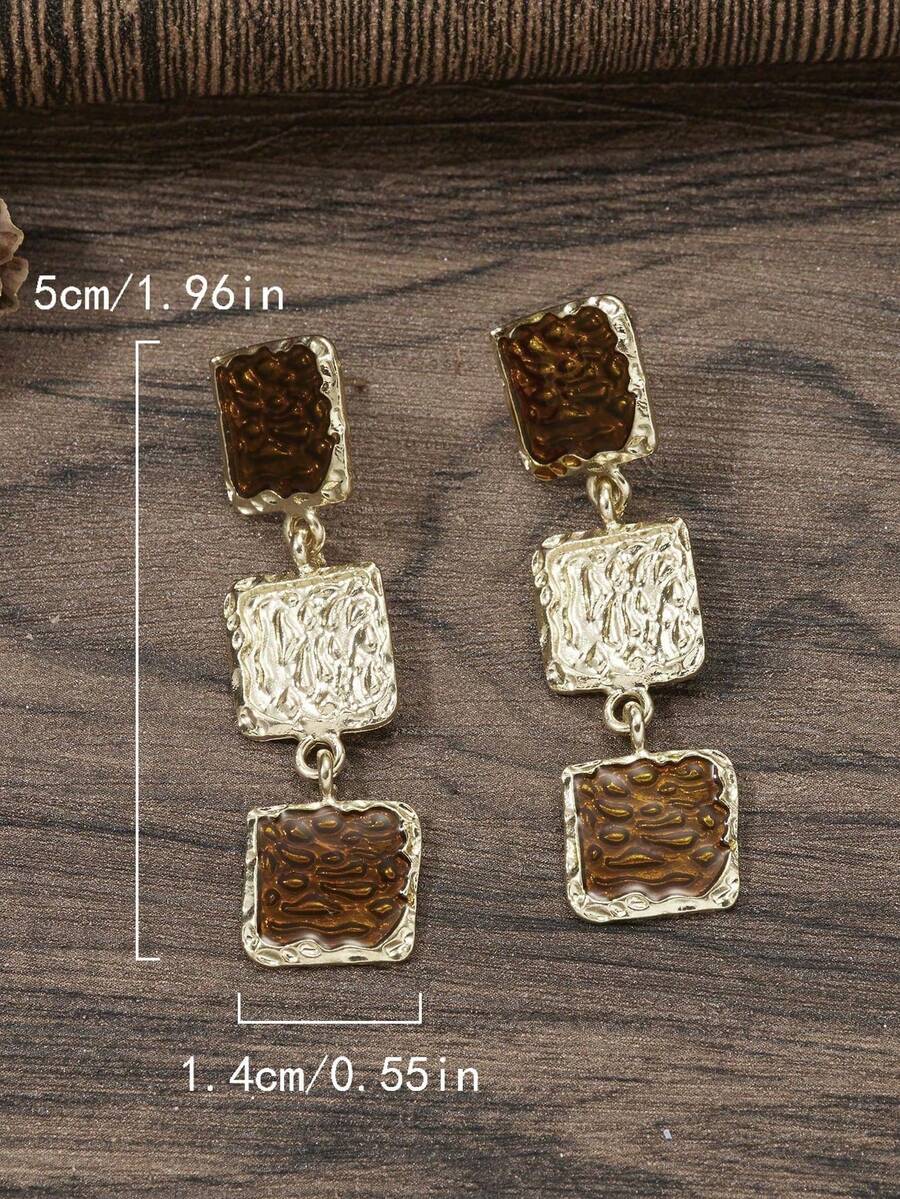 أقراط هندسية متدلية بشكل مربع باللون البني والكراميل للنساء