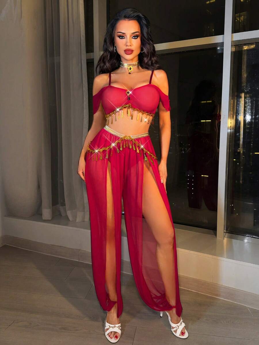 طقم 4 قطع مثير بترتر ذهبي مع بنطال بفتحة جانبية وسلسلة متدلية + تشوكر _ shein