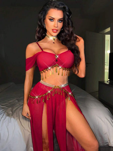 طقم 4 قطع مثير بترتر ذهبي مع بنطال بفتحة جانبية وسلسلة متدلية + تشوكر _ shein