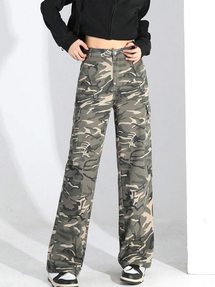 بنطلون جينز واسع الساق مريح بتصميم مموه عتيق للفتيات المراهقات