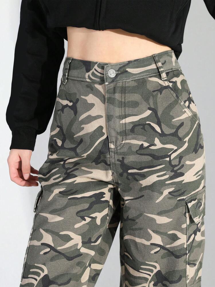 بنطلون جينز واسع الساق مريح بتصميم مموه عتيق للفتيات المراهقات