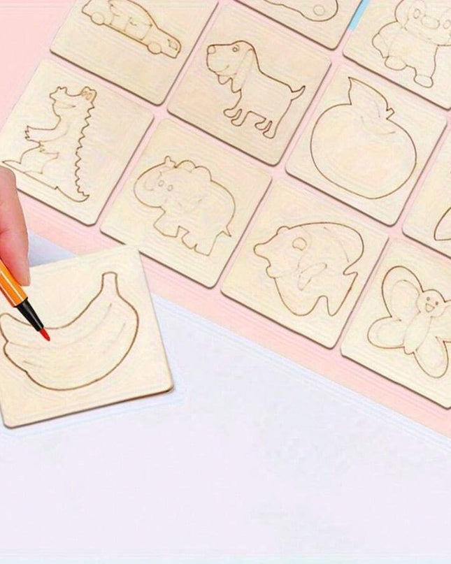 طقم قوالب خشبية للرسم والأشغال اليدوية 20 قطعة – تصاميم حيوانات وزهور وأشكال هندسية