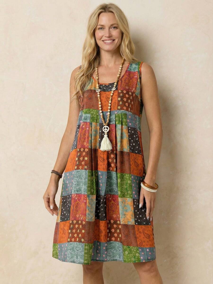 فستان منسوج بدون أكمام بنقشة هندسية بنقشة بيزلي من Faunlyn للنساء، مناسب للعطلات