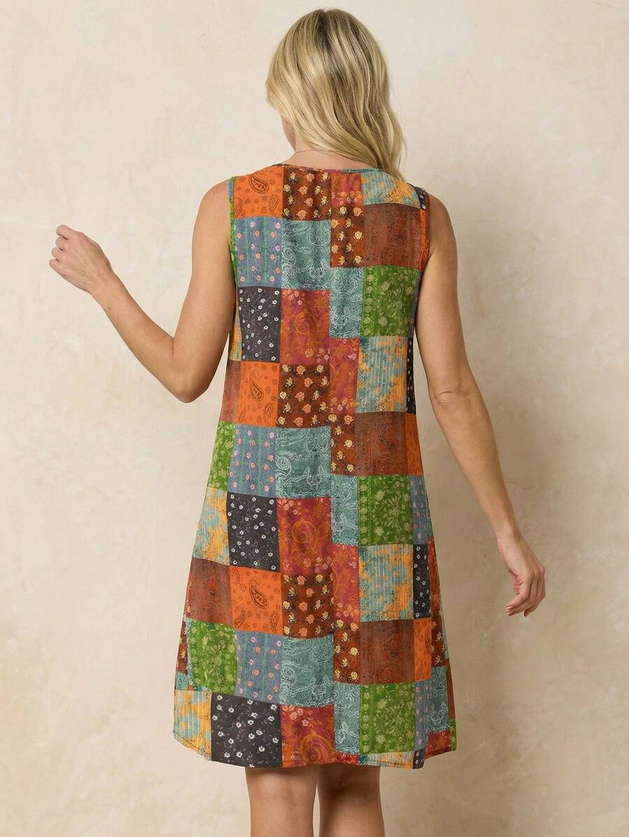 فستان منسوج بدون أكمام بنقشة هندسية بنقشة بيزلي من Faunlyn للنساء، مناسب للعطلات