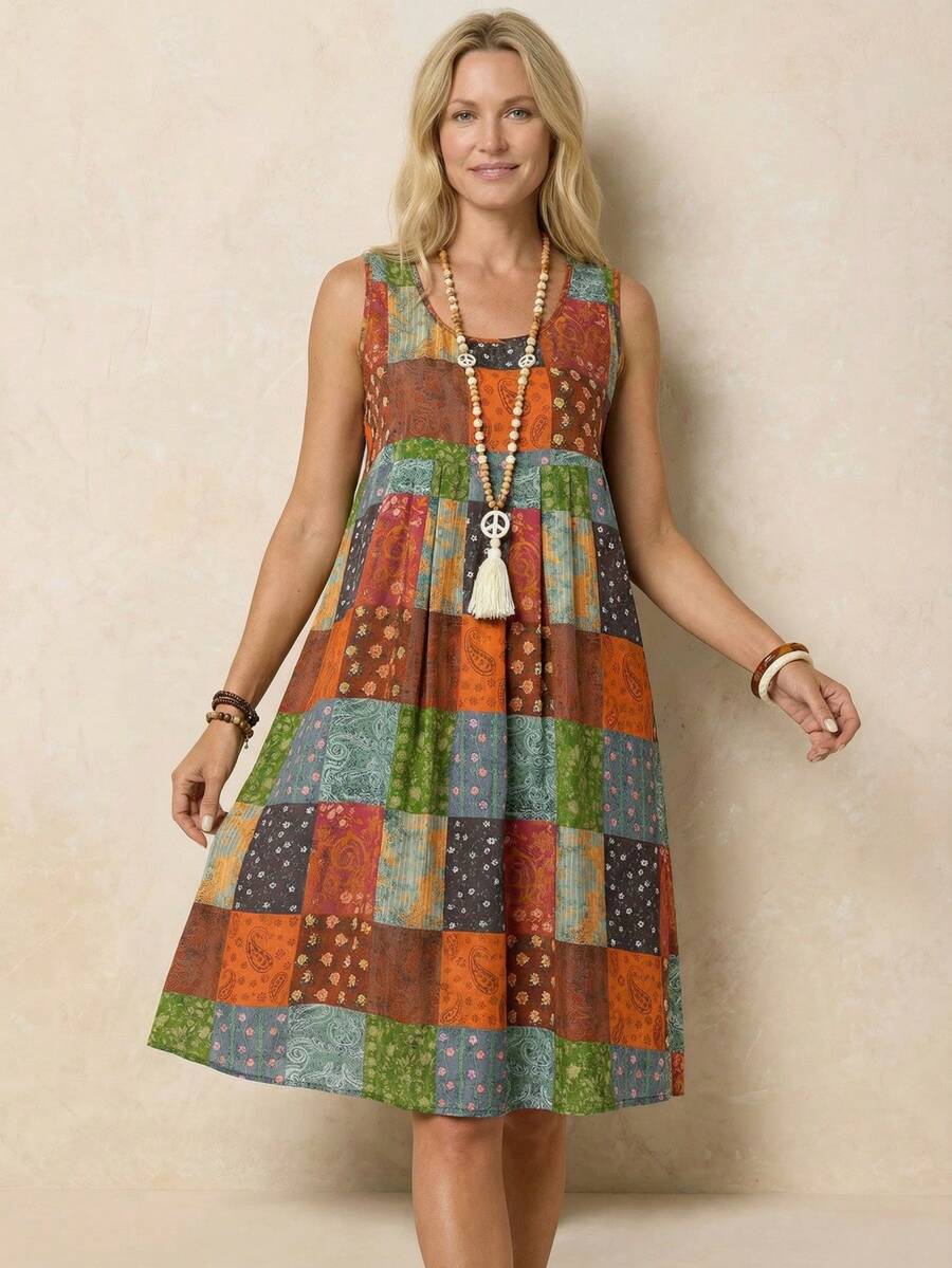 فستان منسوج بدون أكمام بنقشة هندسية بنقشة بيزلي من Faunlyn للنساء، مناسب للعطلات