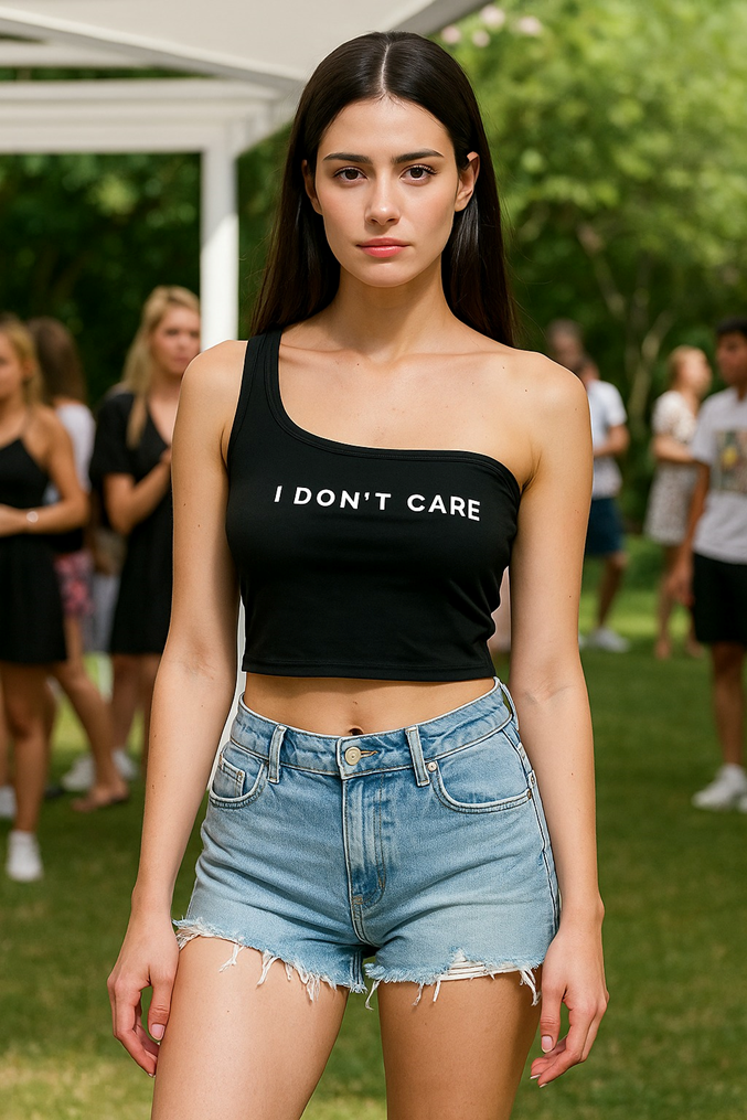 توب كتف واحد باللون الأسود مطبوع عليه عبارة "I DON’T CARE" من Shein
