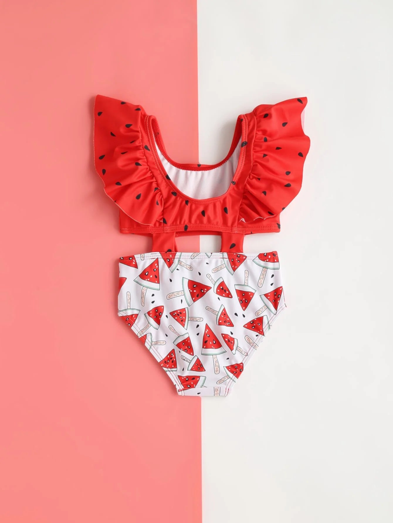 ملابس سباحة SHEIN للفتيات الصغيرات من قطعة واحدة مجوفة بألوان متباينة ومزينة بكشكشة